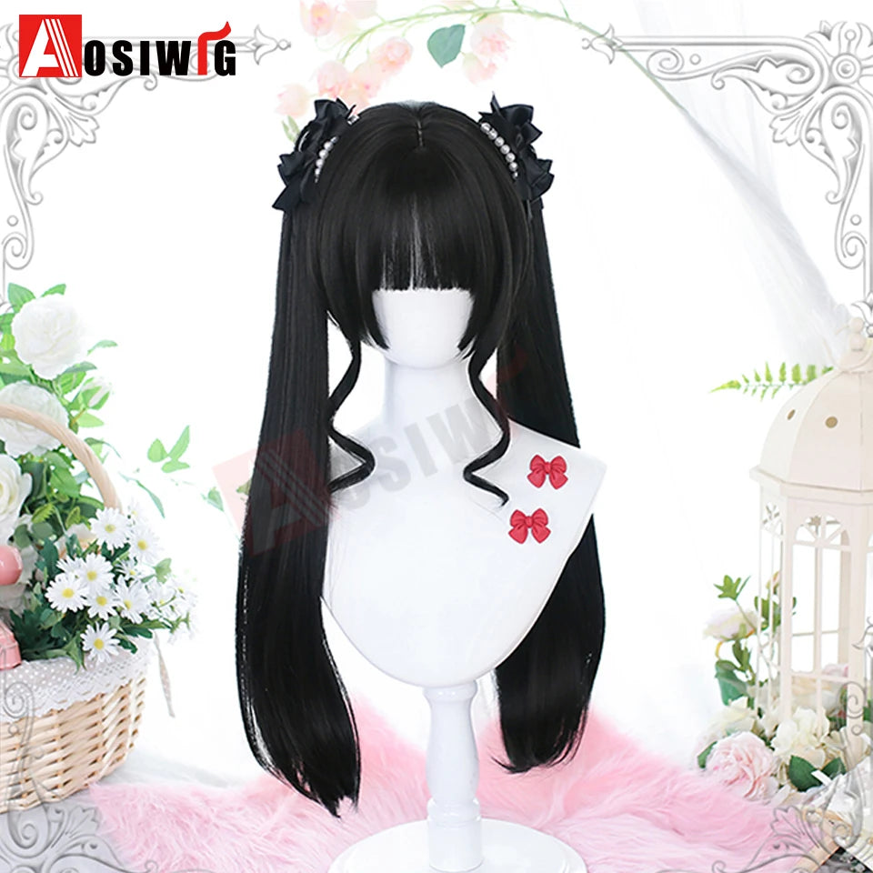 AOSI Synthetic Long Curly Wig Double Ponytail Cute Lolita Women Wigs Halloween Cosplay Style Blonde Brown Party Wig