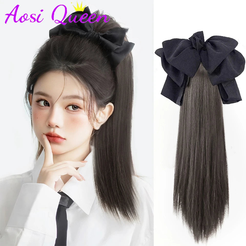 AOSI Synthetic Bow Wig Ponytail Female Clamping Style Long Straight Hair High Ponytail Long Hair Braided Straight Ponytail
