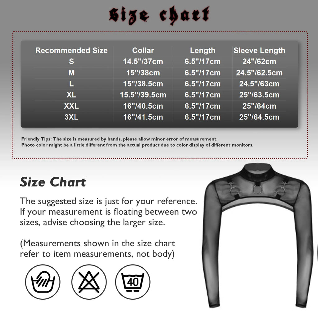 MSemis Male Mens Transparent Moto Sexy Tops Long Sleeve O-Ring Decor T-Shirt See-Through Mesh Half Crop Top Party Clubwear