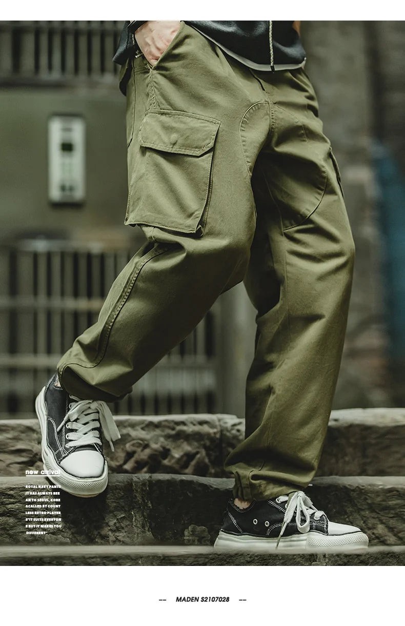 Maden Vintage Tactical Tapered Pants for Men 100% Cotton Wide Cargo Pant Casual Baggy Large Pockets Trousers Streetwear
