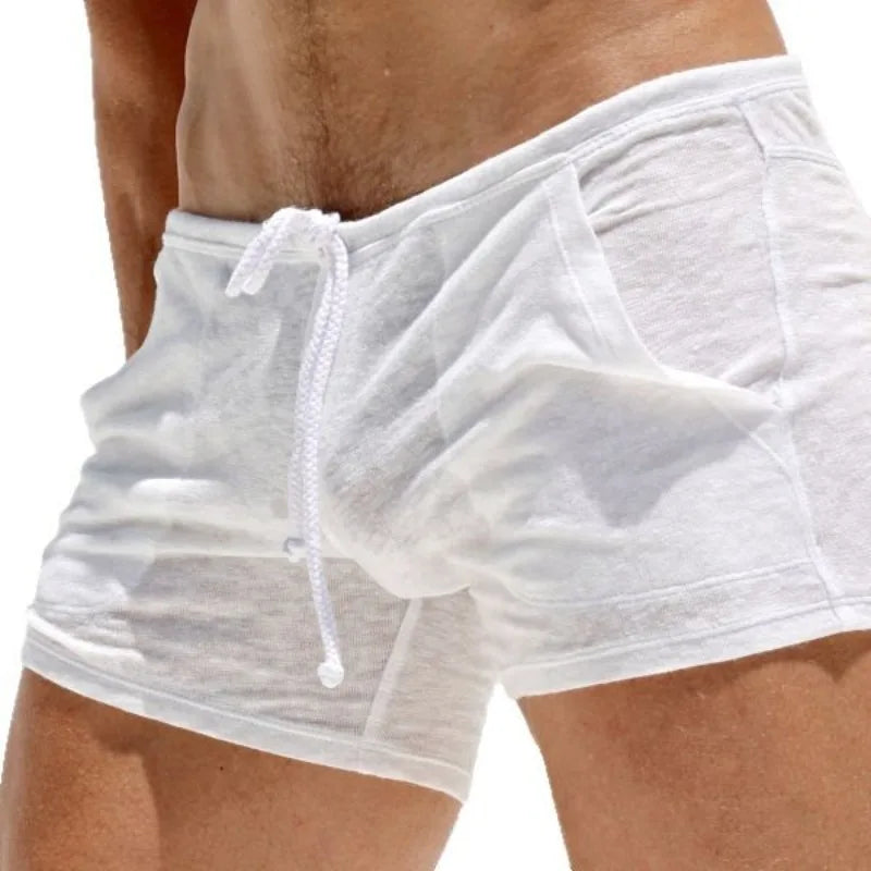 【 Quick Delivery From Stock 】Summer Men's Semi-transparent Sexy Lace-up Shorts Home Casual Comfortable Fitness Shorts Sweatpants