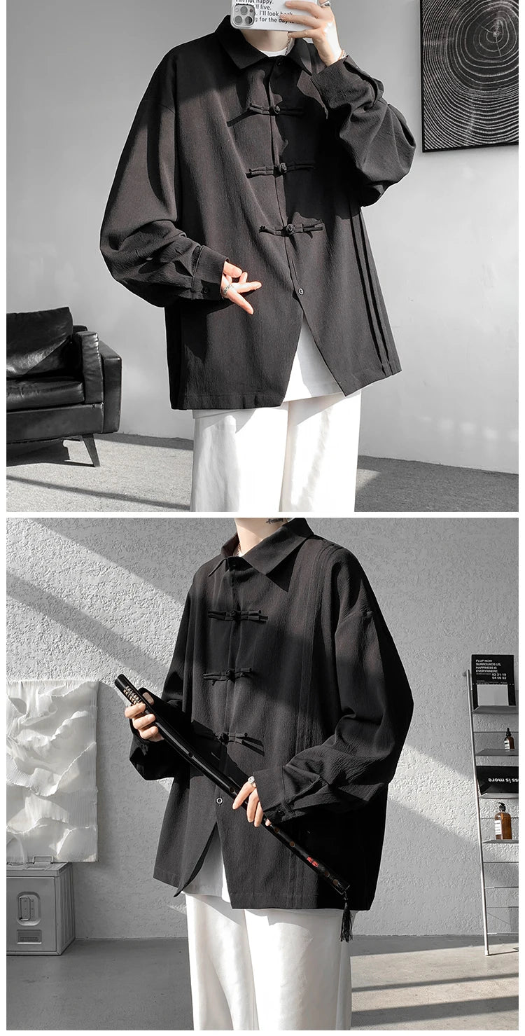 Men's Dial Buckle Solid Long Sleeve Shirt Chic Pleated Decor 2024 Spring New Loose Casual Traditional Chinese Style Clothing