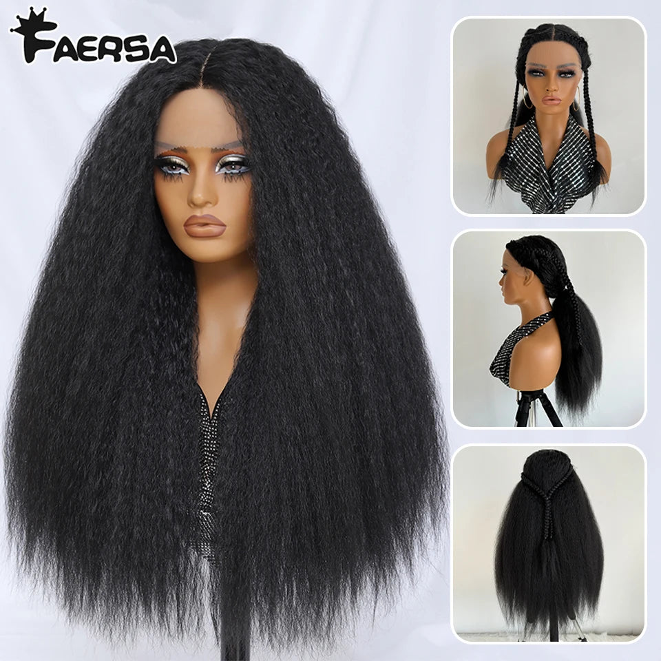 Kinky Straight Lace Front Wig T-Part 28Inch Synthetic 13x5x1 Long Lace Wigs Afro Yaki Straight Wigs Ombre Brown For Black Women