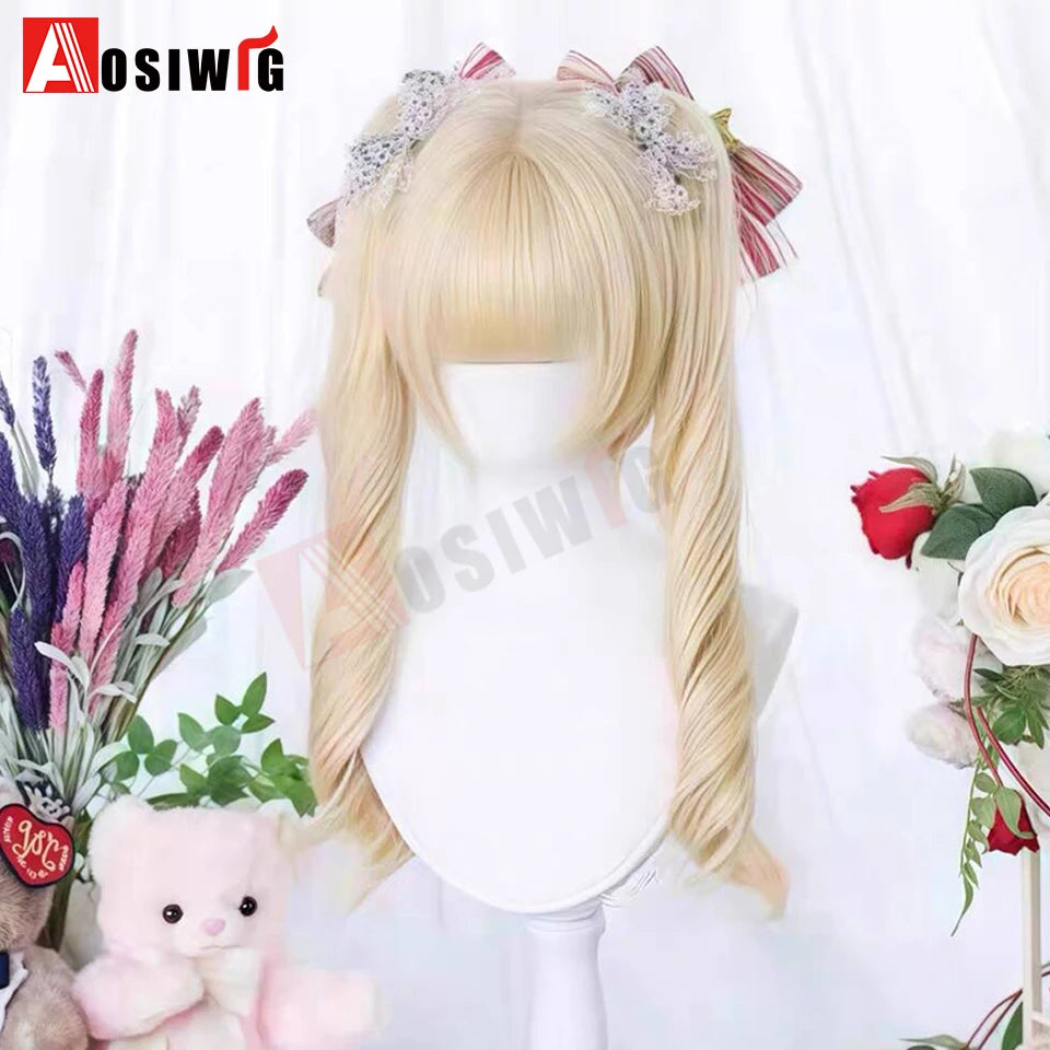 AOSI Synthetic Long Curly Wig Double Ponytail Cute Lolita Women Wigs Halloween Cosplay Style Blonde Brown Party Wig
