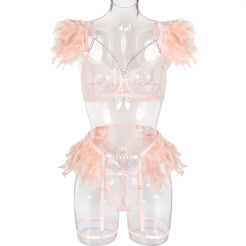 Feathers Transparent Bra Lingerie Set Sexy Underwear Women Body Chain Lace Exotic Set Luxury Intimate See Through Bra and Panty