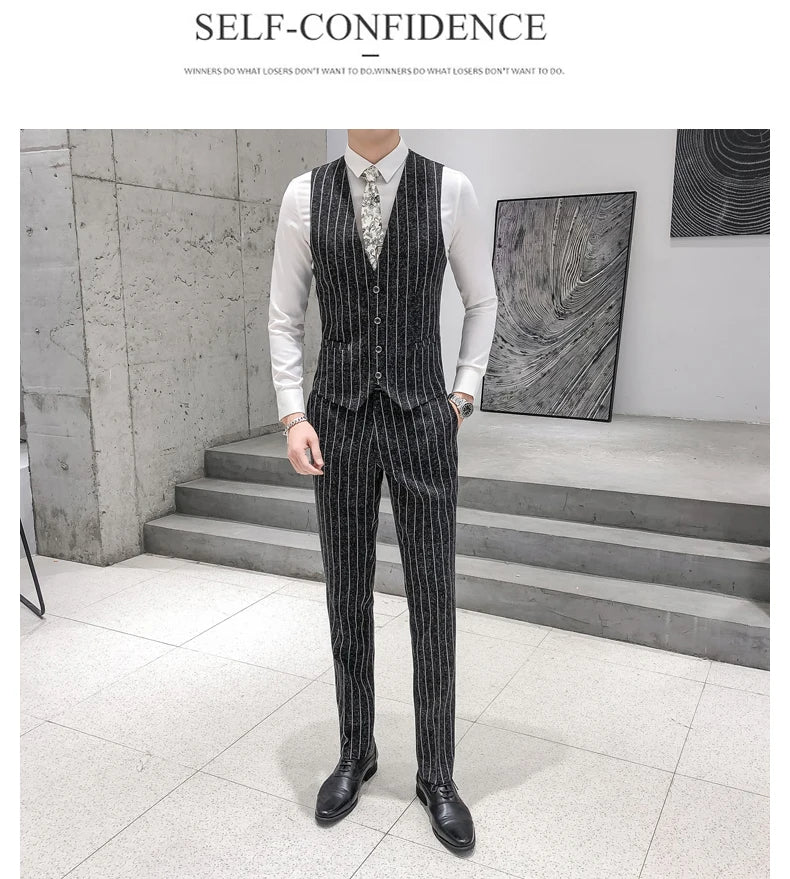 2025 New Burgundy Navy Plaid Casual Suit Pants for Men, Beige/Blue Vertical Stripe Non-Iron Slim Small Leg Work Trousers Men