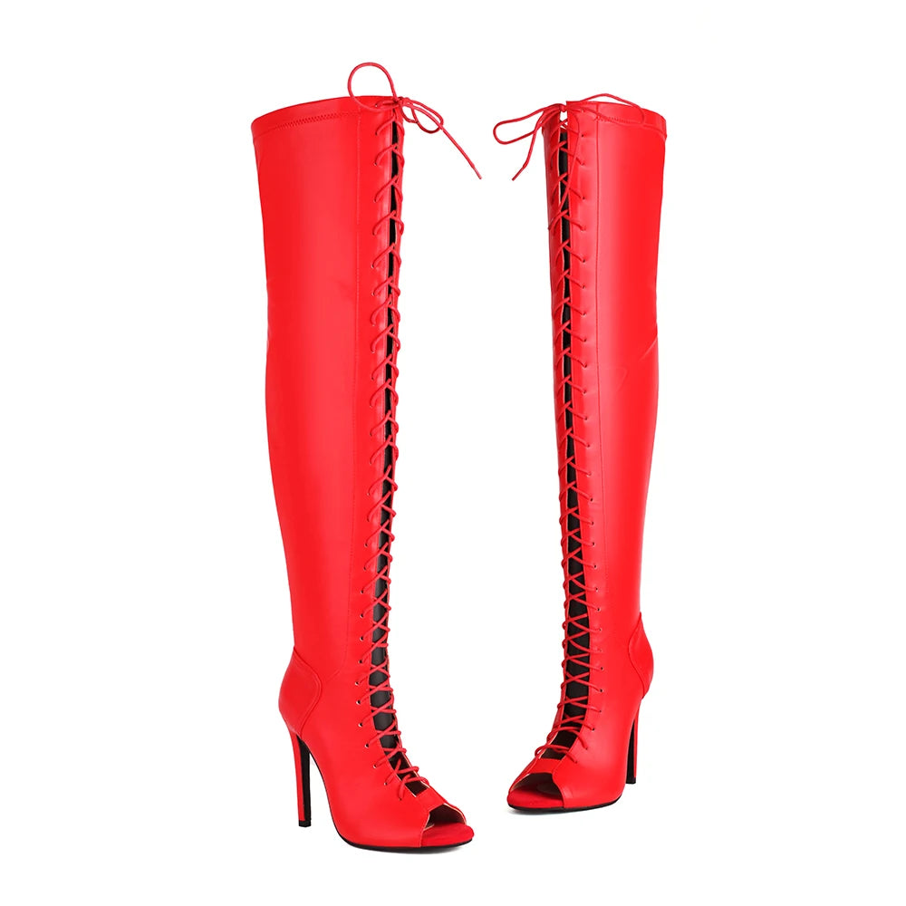 Fashion Party Women's Dance Shoes Sexy Thin High Heels Open Toe Cool Boot Summer Latin Jazz Ballroom Cross Straps Thigh Boots