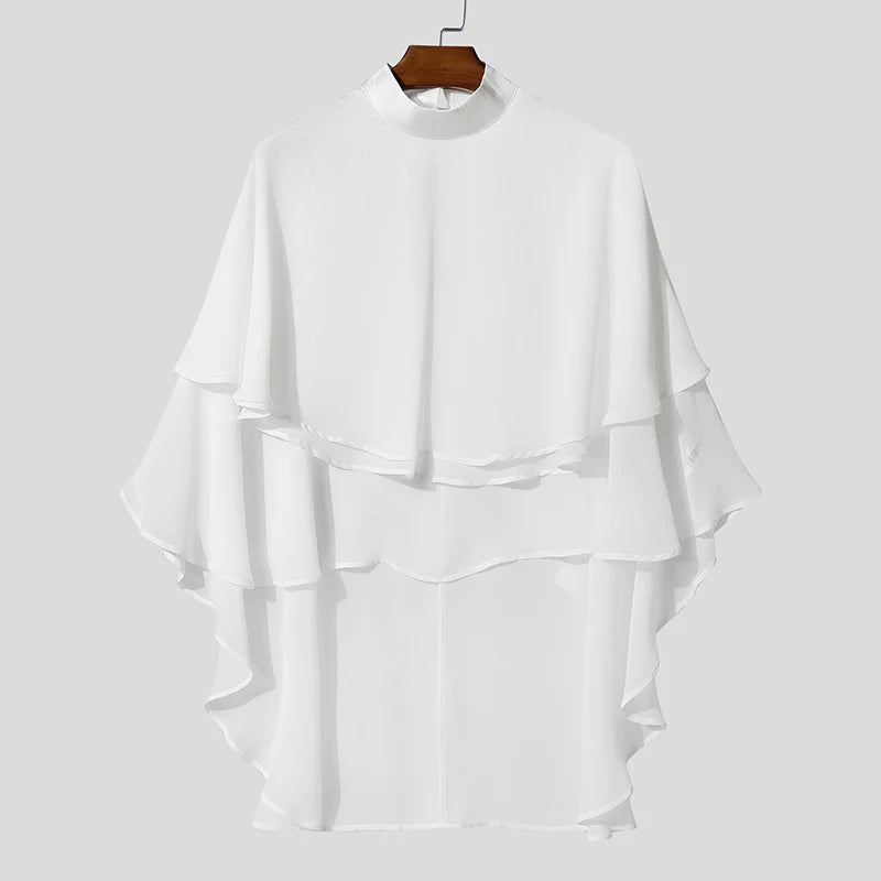 INCERUN Men Irregular T Shirt Solid Color Chiffon Turtleneck Ruffle Male Tee Tops Streetwear Loose Fashion Casual Men Clothing