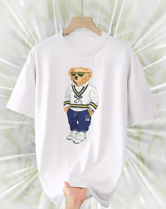 Men's Fashion Loose Round Neck T-shirt Casual Street Style with Teddy Bear Graphic Printed Short Sleeve Perfect Gift for Him