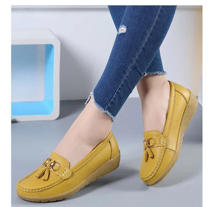 Spring Summer Breathable Casual Loafers For Women Platform Leather Comfort Wedge Moccasins Ladies Vulcanized Sneakers 44