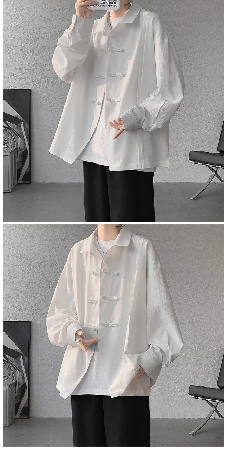 Men's Dial Buckle Solid Long Sleeve Shirt Chic Pleated Decor 2024 Spring New Loose Casual Traditional Chinese Style Clothing