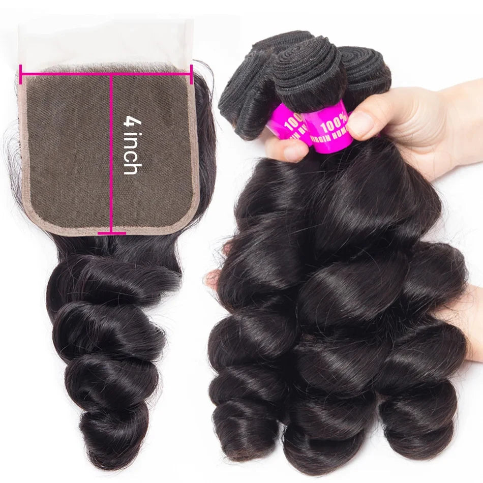 15A Peruvian Raw Virgin Hair Unprocessed Human Hair Bundles With Closure 4X4 Loose Wave Bundles And Closure Natural Black Color