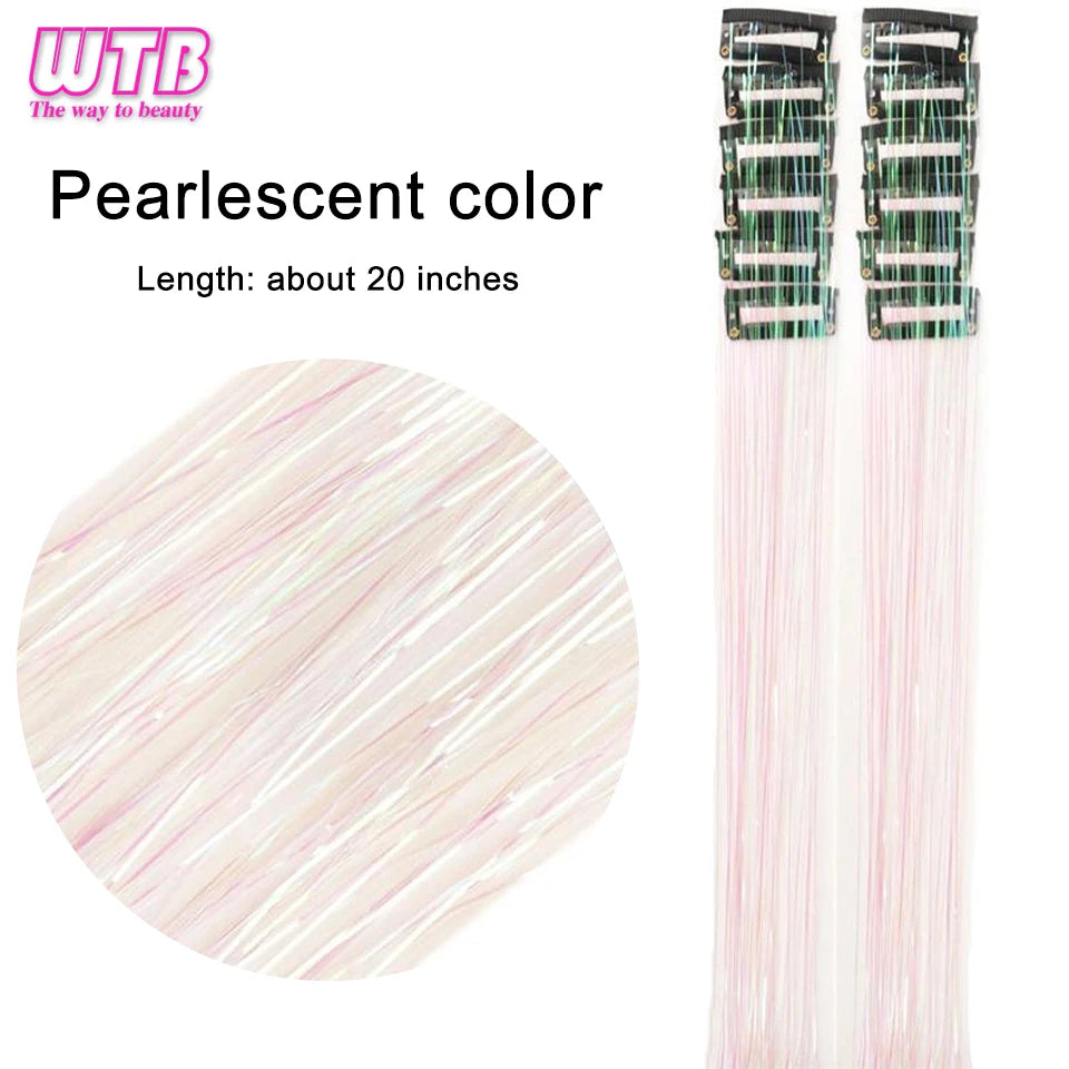 12Pcs Clip in Hair 20 Inch Synthetic Colorful Glitter Tinsel Hair Extension Fashion Party Christmas New Year Gift for Women Hair