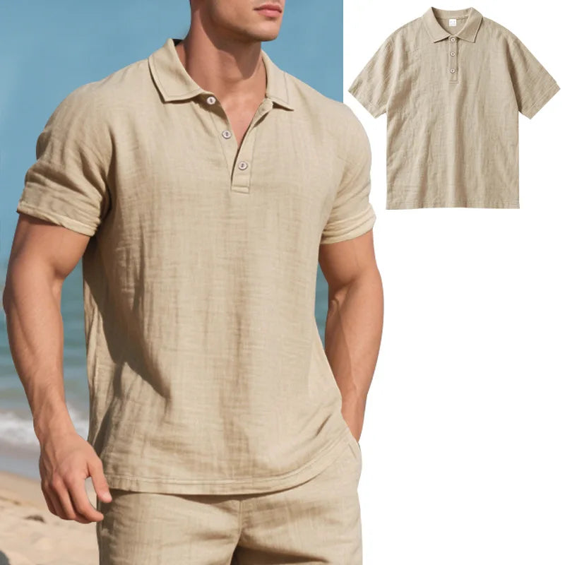 2025Summer New Men's Shirt British Style Loose Trendy Breathable Linen Casual Polo Collar Series POLO Shirt Short Sleeve