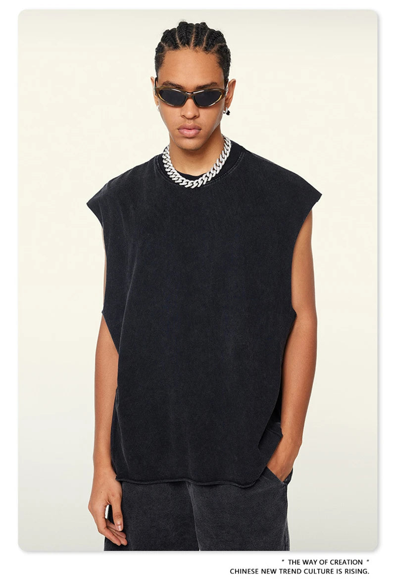 ZODF Vintage 2024 Washed 270gsm Cotton Tank Tops For Men Unisex Summer Relax Fit Slit Sleeveless Vest Streetwears HY0777