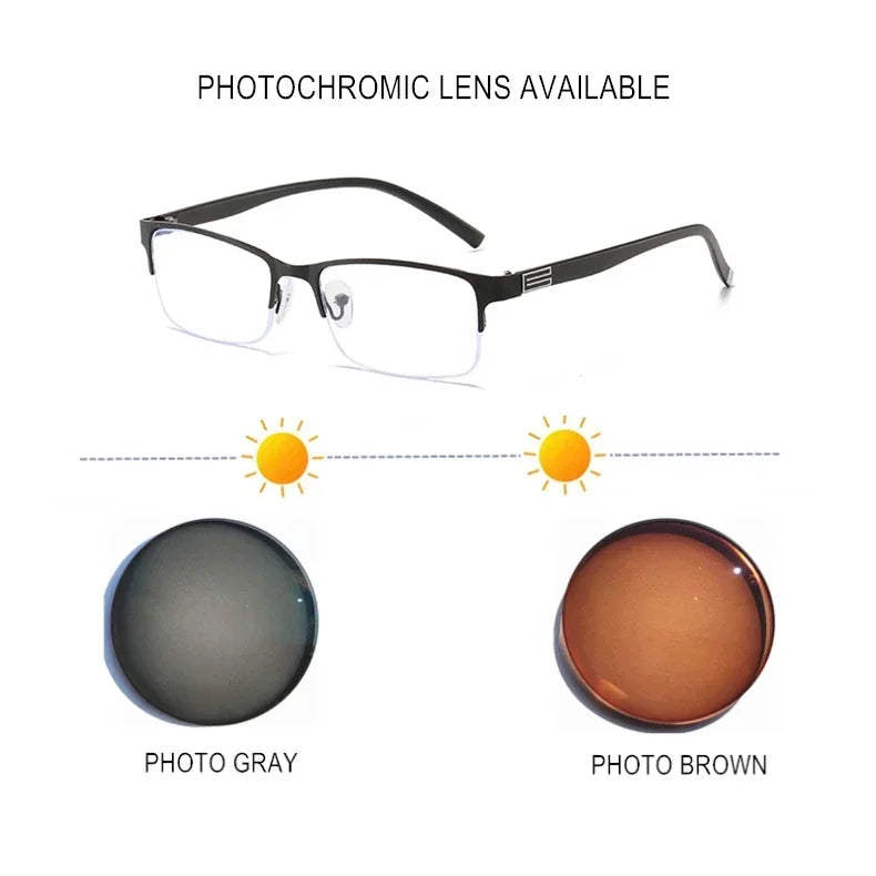 Myopia Prescription Glasses -0.5 TO -10 Men Women Business Half Frame Anti Blue Ray Photochromic Shortsighted Spectacles F518