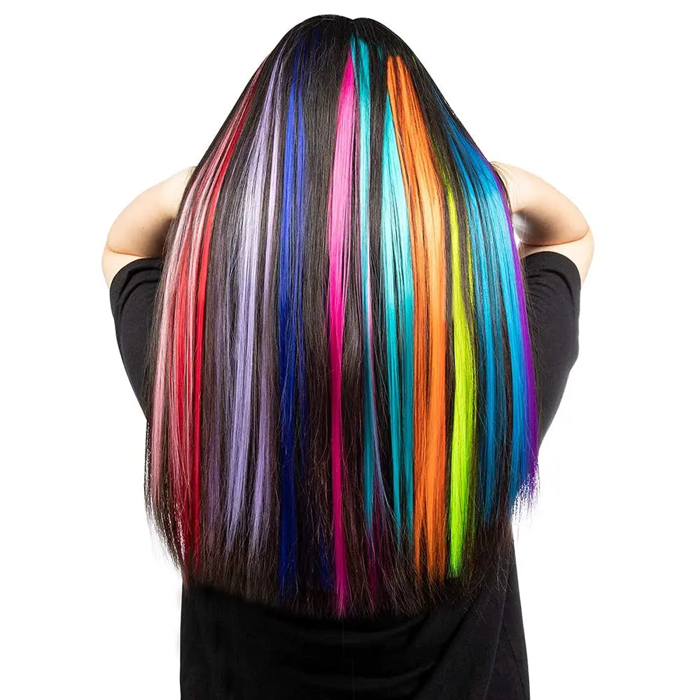 20" Rainbow Synthetic Hair Extensions Kit 10PCS Colored I-Tip Extensions with Micro Beads Hook Needle for Women Kids Cosplay