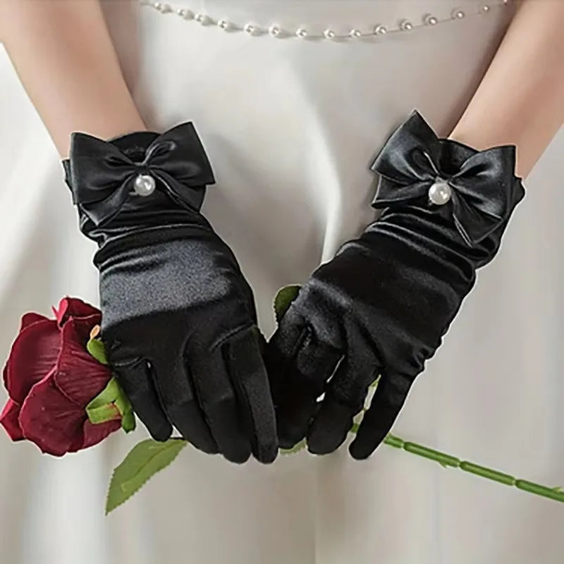French Vintage Black Pearl Elegant Short Gloves Bridal Wedding Ball Halloween Split Finger Gloves