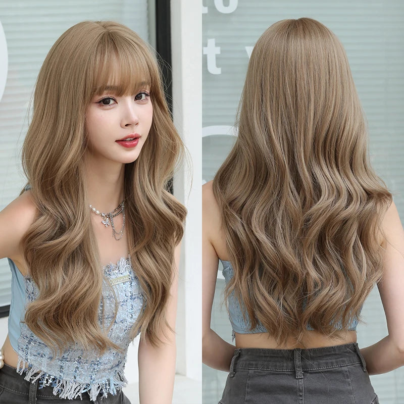 7JHH WIGS Body Wavy Wig Long Loose Curly Brown Wig for Women Daily Use High Density Synthetic Layered Hair Wigs with Bangs