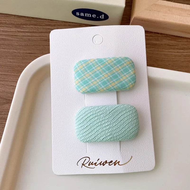 2Pcs/Set Kawaii Girls Sweet Hair Clips Fabric Plaid Cotton Hairpins for Baby Hair Square Shape Women Bangs Barrettes Headwear