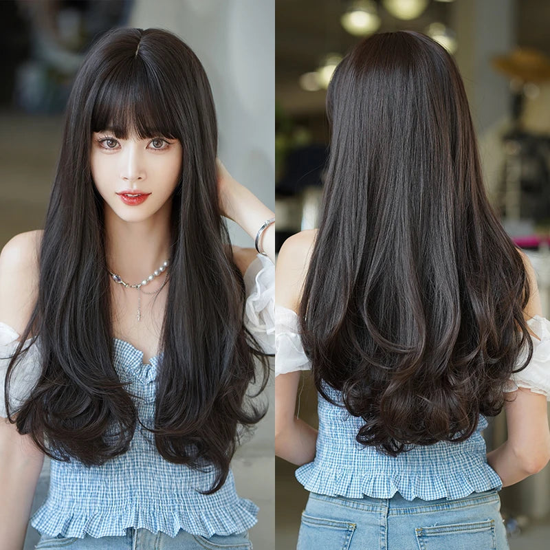 7JHH WIGS Body Wavy Wig Long Loose Curly Brown Wig for Women Daily Use High Density Synthetic Layered Hair Wigs with Bangs