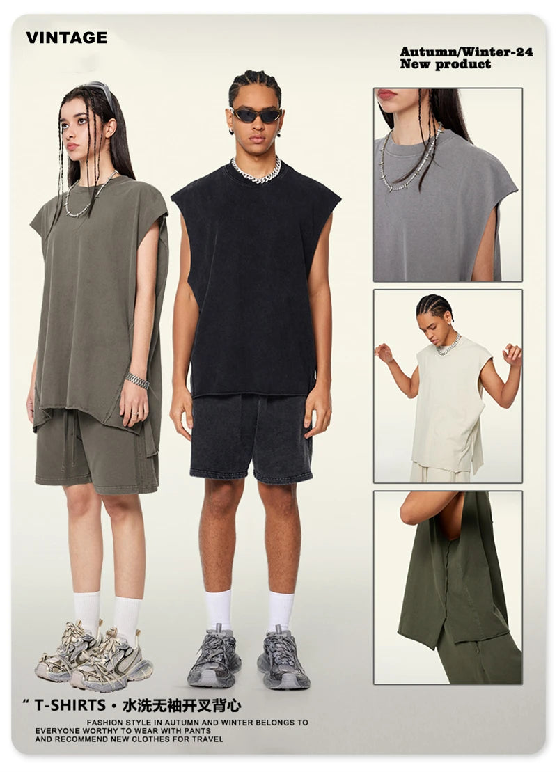 ZODF Vintage 2024 Washed 270gsm Cotton Tank Tops For Men Unisex Summer Relax Fit Slit Sleeveless Vest Streetwears HY0777