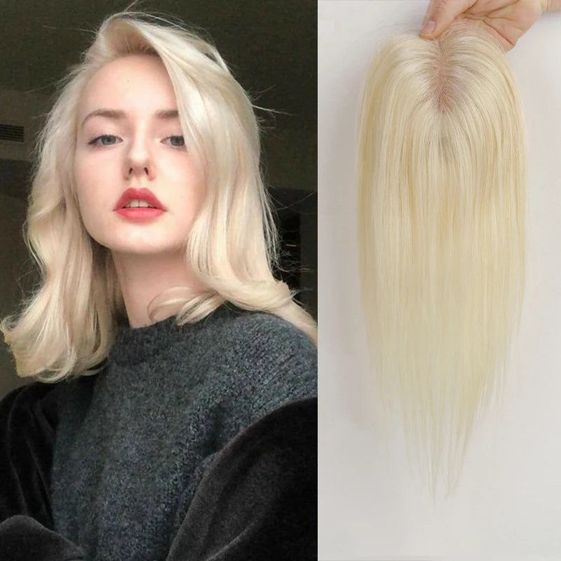 100% Remy Human Hair Toppers Ombre Light Brown Blonde Middle Part Human Hair Pieces for Women with Thinning Hair Clip in Toppers