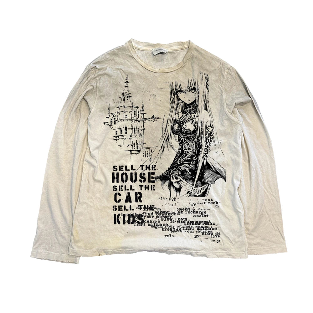 Vintage Washed Long Sleeves T-Shirt Summer Graffiti Printed Destroyed Dirty T Shirt Hip Hop Streetwear Cotton Tops Tees