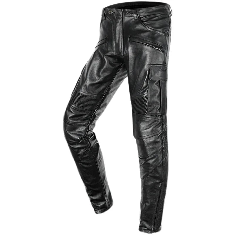 Men's Autumn Winter Punk Slim Casual Long Trousers Retro Leather Motorcycle Street Pants Windproof Warm Cowhide Pencil Pant Male