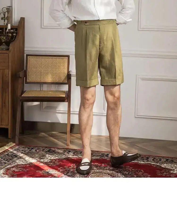 100% Linen Summer Straight Naples Shorts Men Solid Color Business Dress Pants Office Social Casual Slim Fit Shorts