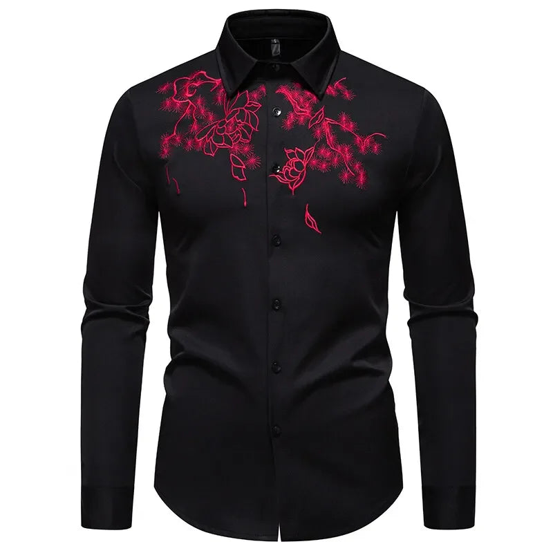 High Quality Men's Casual Long Sleeved Shirt Daily Floral Shirt Party Streetwear Embroidery Tops