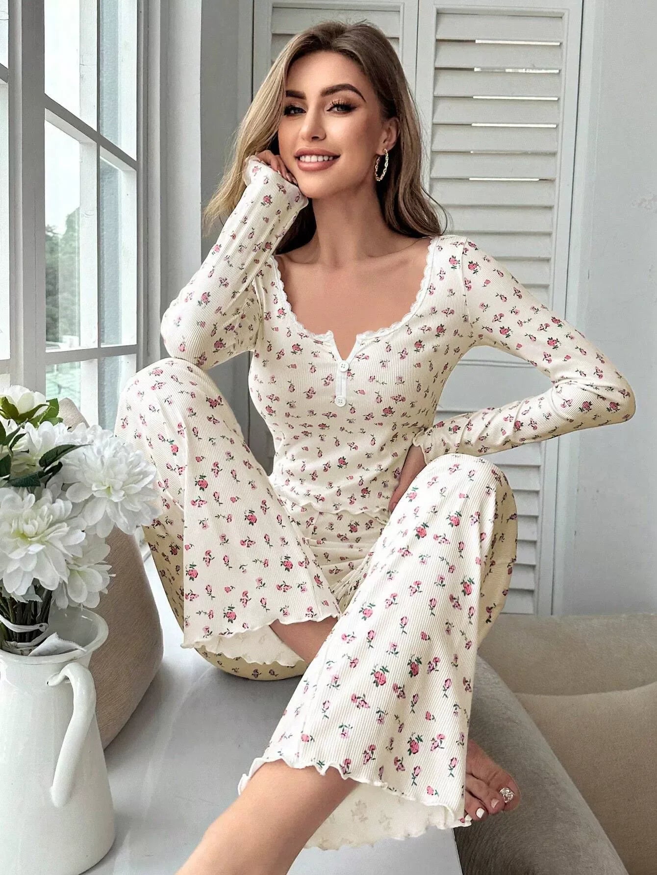 Spring Summer Women's Sleepwear Floral Print Lettuce Trim Pajamas Set Tops and Long Trousers Loungewear Nightwear