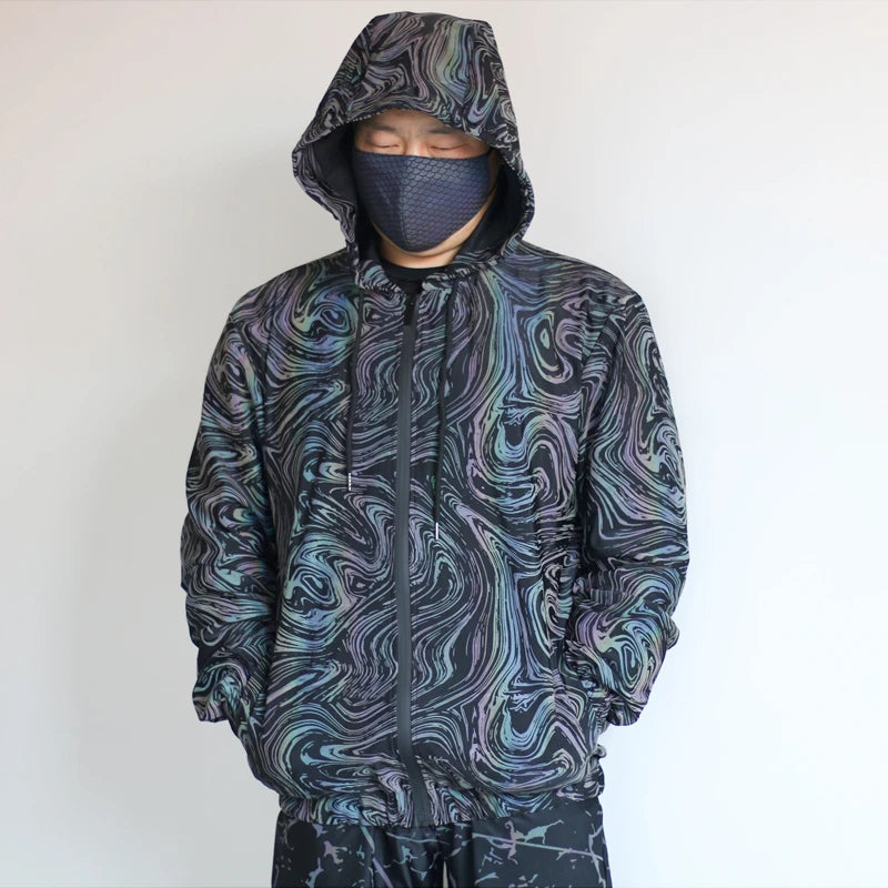 Drop shipping Holographic Reflective Jackets Men Techwear Night Walk Dance Hip Hop Breathable Hooded Coat Jaqueta Masculina