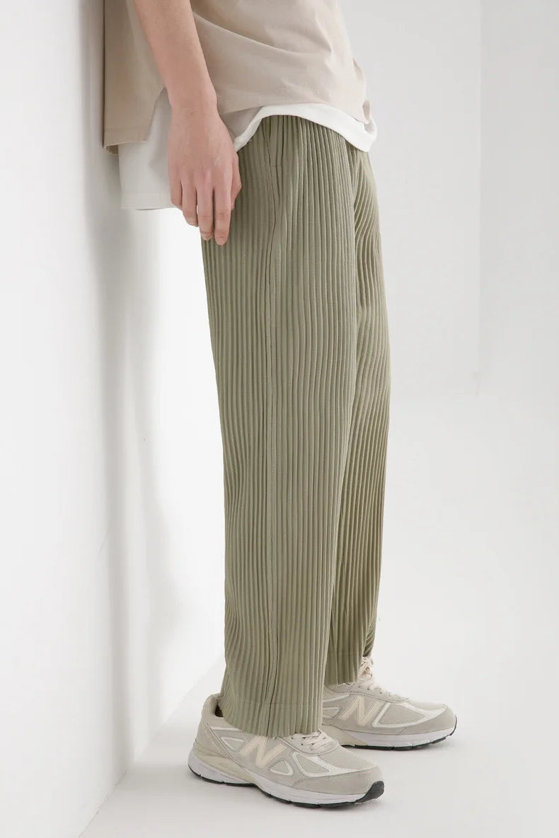 Pleats Pleated Commuter Pants Men's 2024 Autumn New Draped Elastic Trousers Casual Japanese Men Solid Color Nine Minute Pants