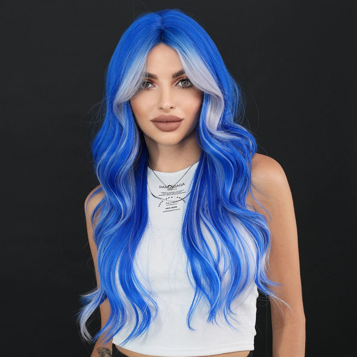 NAMM Highlight Skunk Wig Body Wave Synthetic Blue Wig for Women Daily Party Use Highlight Ash Wavy Wigs With Medium Wigs