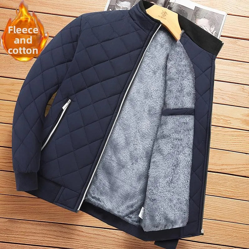 Men's Winter Jacket Stand Collar Fleece Lined Cotton Casual Fashion Warm Loose Short Style Youth Popular Polyester Fabric