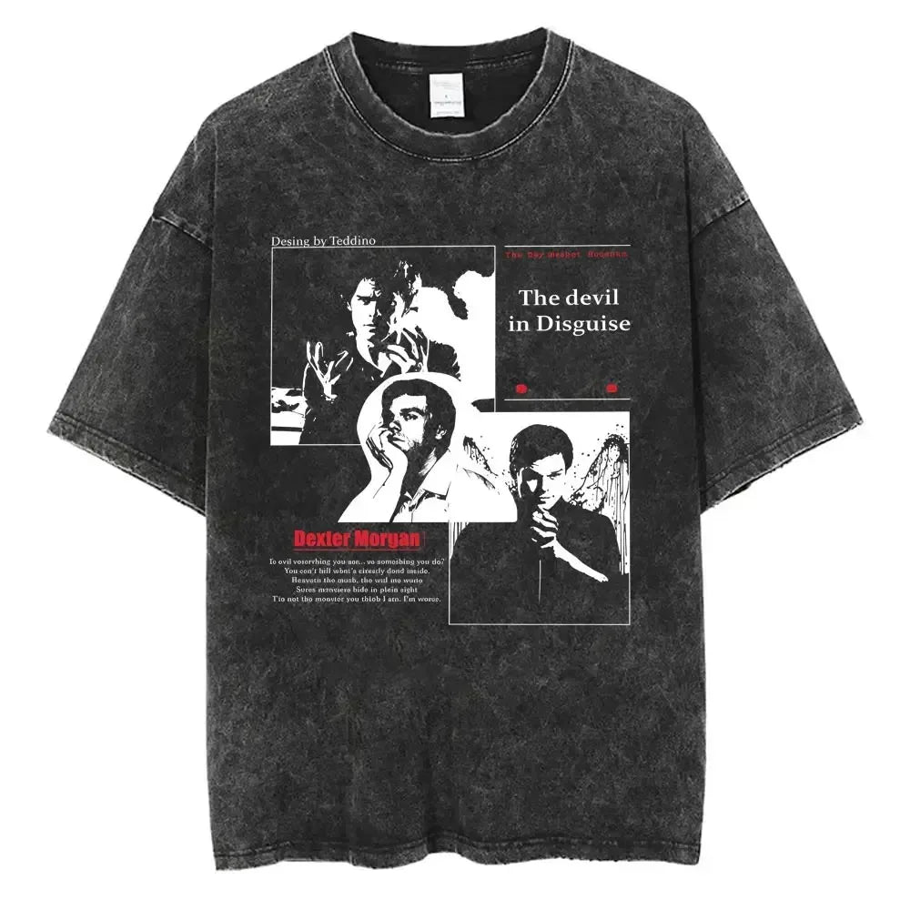 Classic TV Play Dexter Morgan Still Print T-shirt Vintage Washed Cotton Men Women Oversized Summer New Tee Casual Oversized Tops