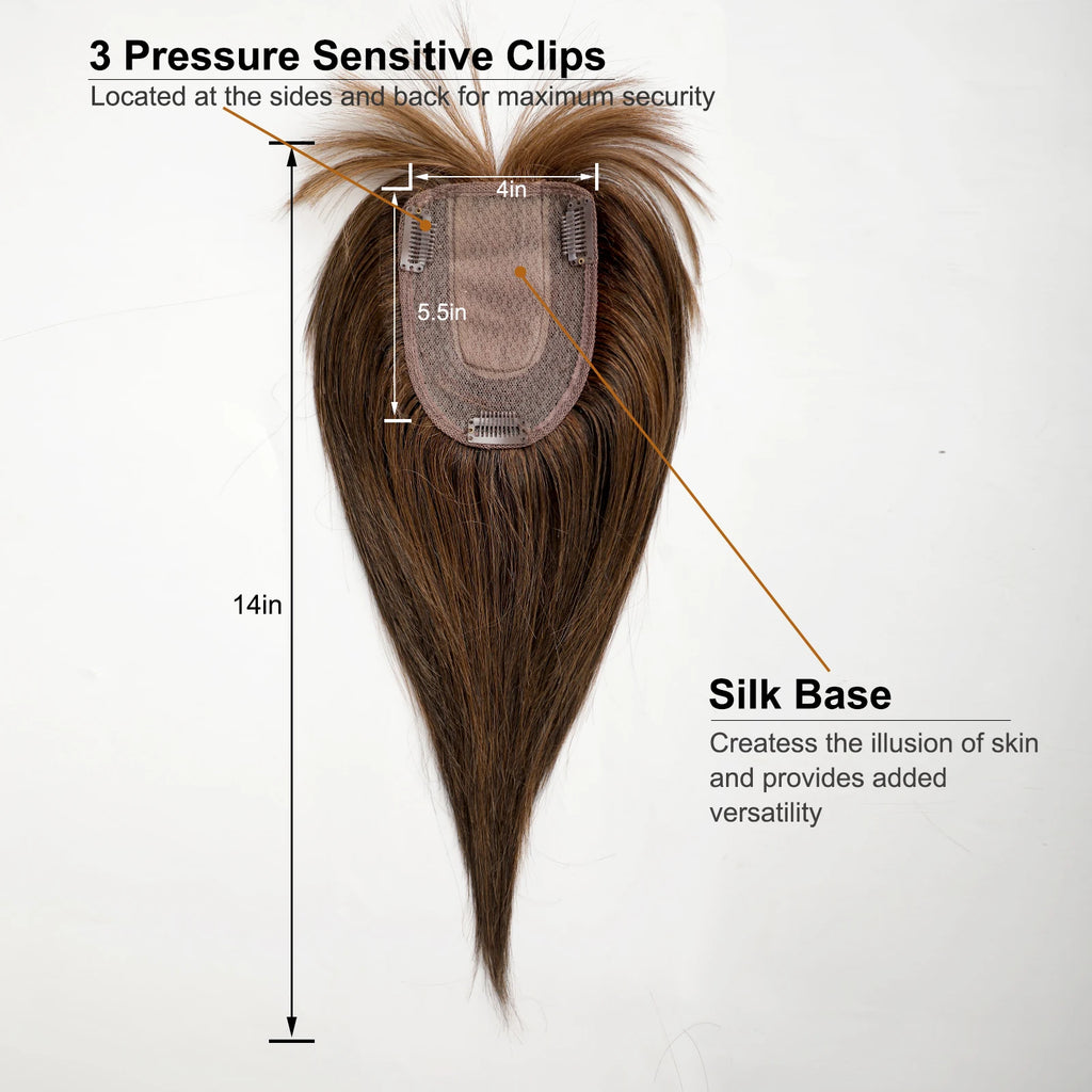 14 Inch Brown Silk Base Remy 100%Human Hair Toppers Clip-In Top Hairpiece for Women Natural Straight Hair Extensions