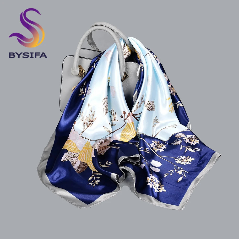 BYSIFA| Blue Pink Silk Women Scarf Spring Fashion Chinese Style Elegant Square Scarves Shawls Fouldard Fall Winter Scarves Wraps