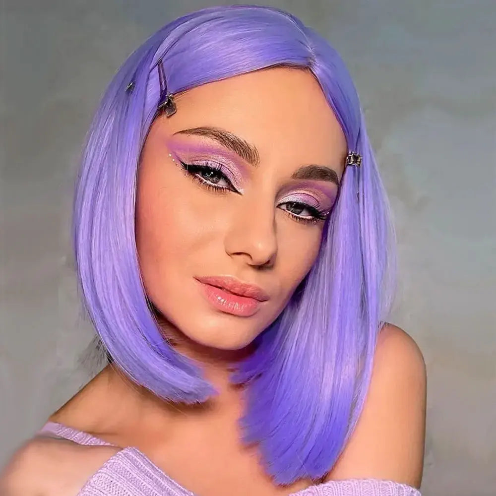 Purple Synthetic Short Bob Wig Straight Wig for Women Shoulder Length Wigs Colorful Wig for Daily Use Party Cosplay