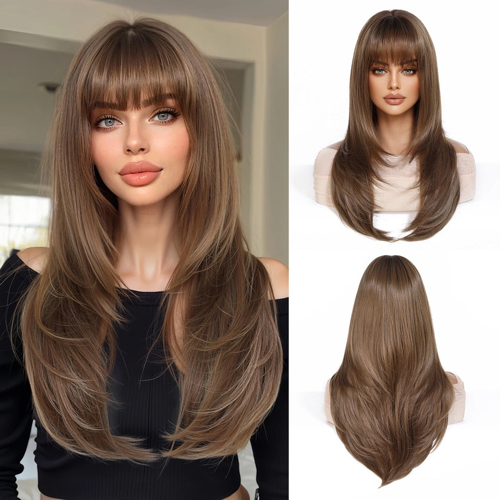EASIHAIR Brown Straight Layered Wigs for Women Long Natural Hair Synthetic Wigs With Bangs Daily Use Party Heat Resistant Wigs