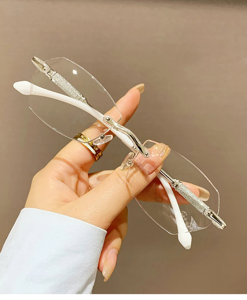 High Definition Lens Reading Glasses Women's Trendy Rimless Anti Blue Light Farsighted Eyewear Prescription Diopter Eyeglasses