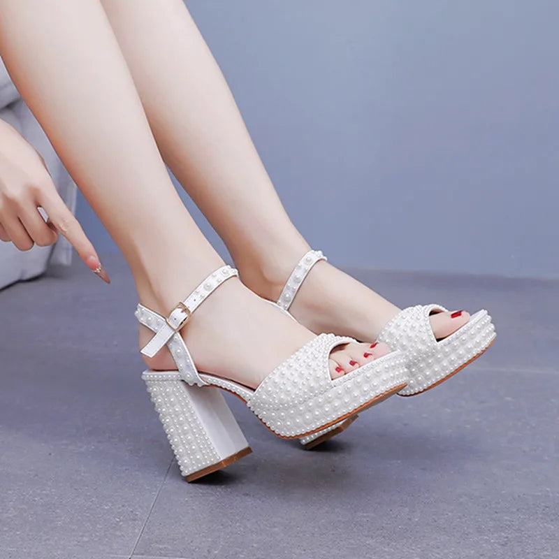 Luxury Handmade Full Pearls Thick Heeled Women Gladiator Sandals Fashion Summer Platform Wedges High heels Chunky Sandals Shoes