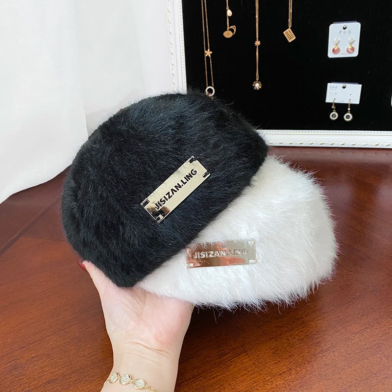 Rabbit Fur Beret Women's Autumn And Winter Korean Version Fashionable Versatile Iron Logo Reverse Wearing Plush Forward Hat