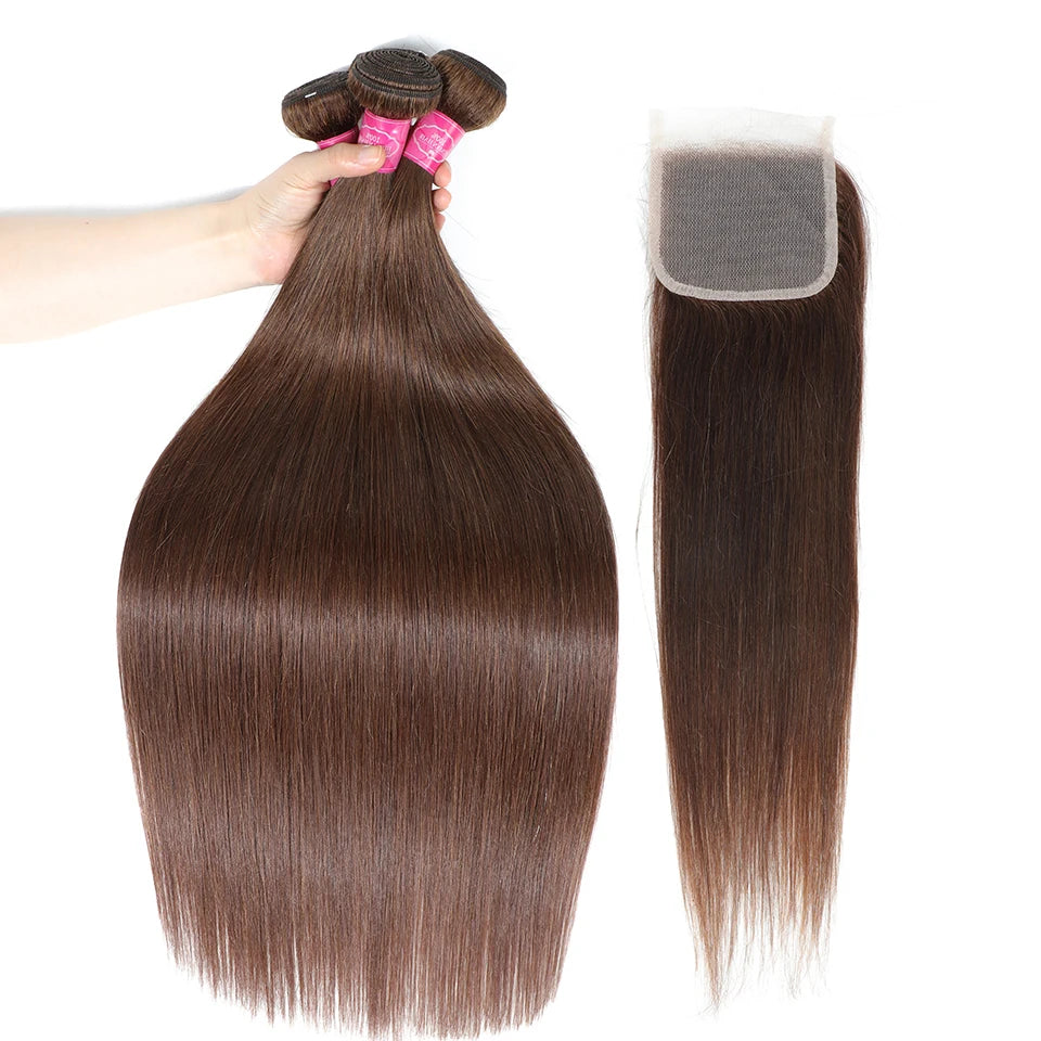 Clearance Cheap #4 Color Straight Human Hair Bundles With Closure Brazilian Virgin Human Hair Weave Bundles With HD Lace Closure