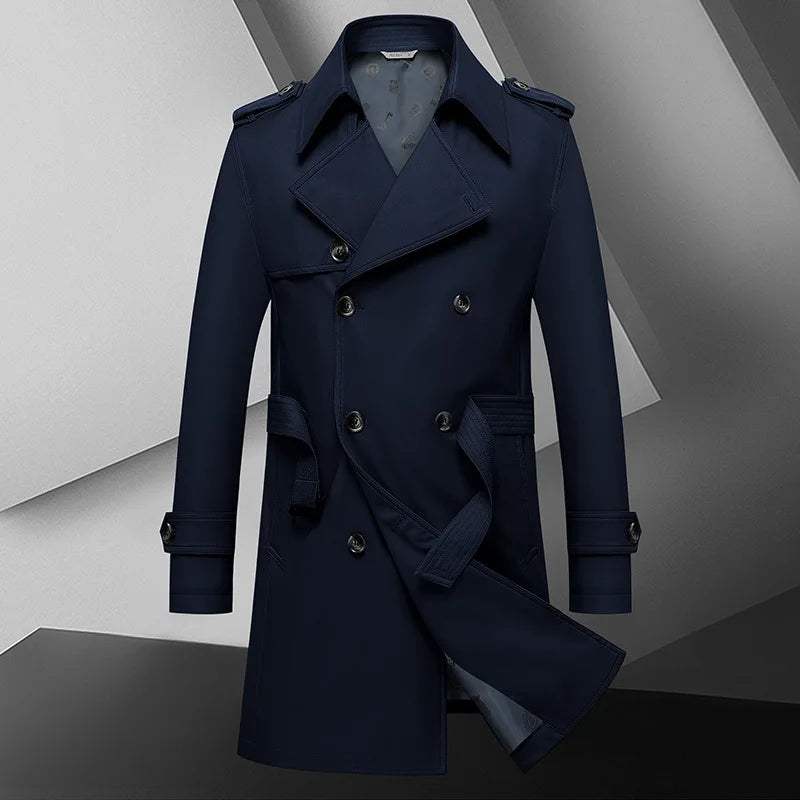 Spring Autumn New Fashion Men's Solid Color Simple Casual Trendy Double-breasted Long Sleeve Plus Size Trench Male Coat Clothes
