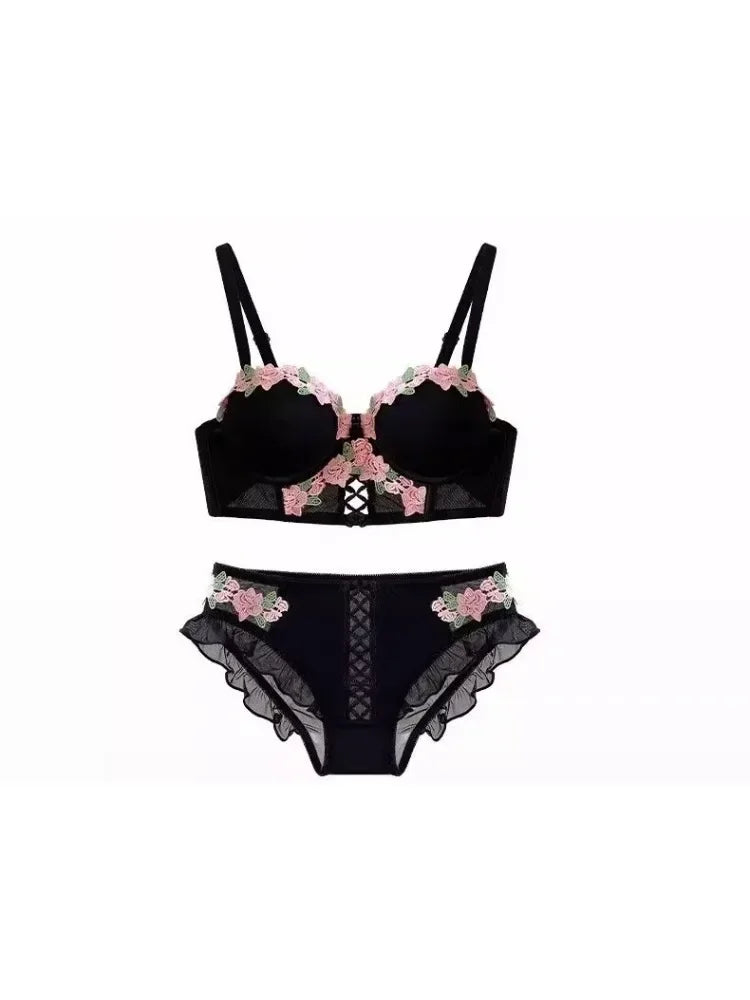 YUQI Wireless Push Up Bra for Small Bust - Floral Embroidery Anti-Sagging Vintage Cream Lace Lingerie Sweet & Sexy No Underwire