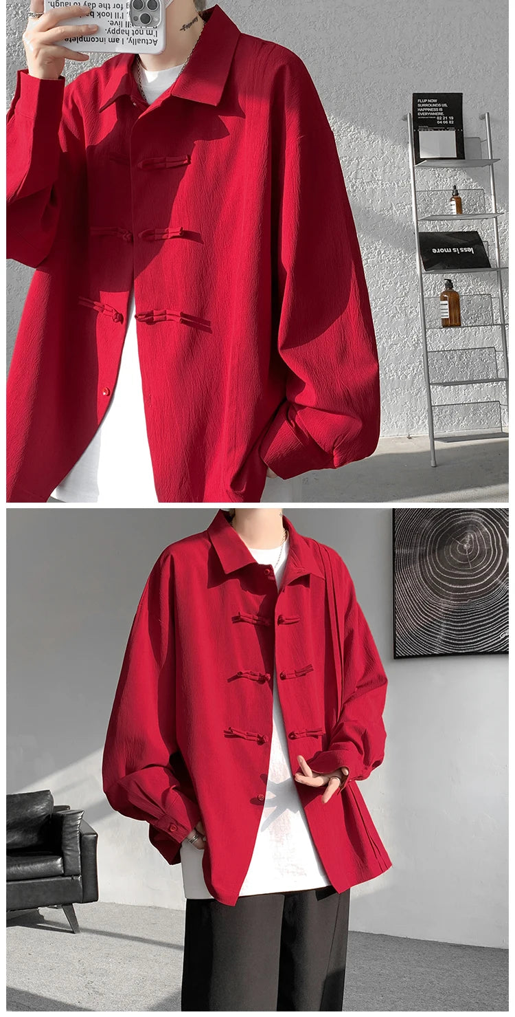 Men's Dial Buckle Solid Long Sleeve Shirt Chic Pleated Decor 2024 Spring New Loose Casual Traditional Chinese Style Clothing