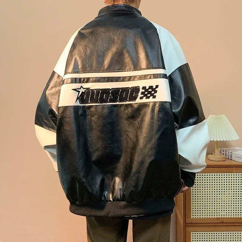 Gmiixder American Hip-hop Racing Coat Motorcycle Leather Jacket Men's Flocked Embroidery Loose Casual Windproof Punk Vibe Jacket