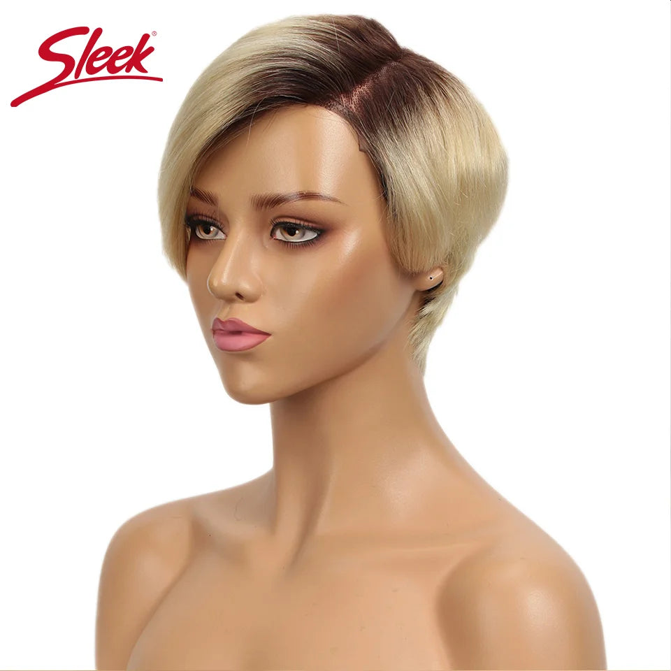 Sleek Blond 613 Short Pixie Cut Bob Wigs Lace Front T Part Human Hair Wigs Black Dark Wigs Brazilian Straight Grey Remy Hair Wig